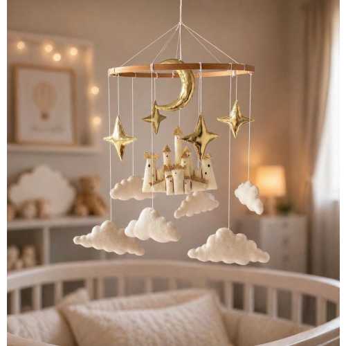 Castle baby crib mobile, fantasy nursery decor, fairytale felt mobile, cloud moon and stars nursery