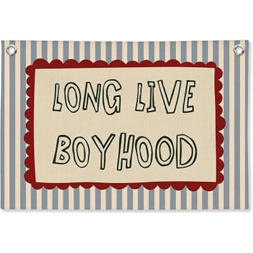 Boys Room Decor, Long Live Boyhood Canvas Wall Hanging Banner, Boy Nursery Blue Striped Wall Banner Flag for Kids Toddler Boys Room Bedroom Playroom Decor, 20x30 Inch