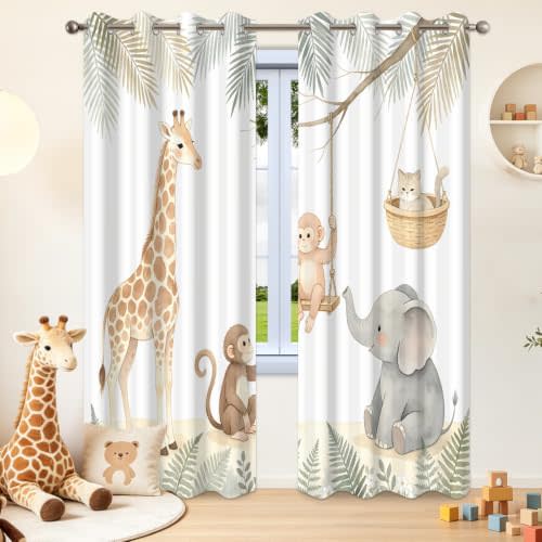 Safari Animal Blackout Curtains 42x63 Inch 2 Panels | Giraffe elephant monkey pattern, Thermal insulated soundproof, Window treatment grommet for nursery room decor
