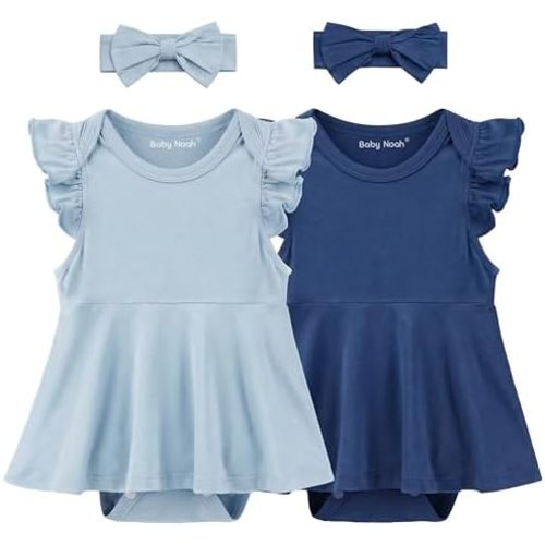 2 Pack Baby Girl Bodysuit Flutter Sleeves Dress, Cute Ruffle Romper Outfit with Headband, Newborn Infant Pajamas 0-12 Months