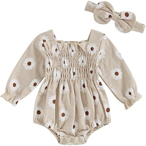 ZAXARRA Infant Baby Girl Romper Flowers Baby Long Sleeve Romper Fall Winter Festival Clothes with Headband