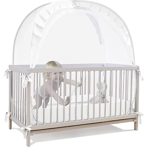 Lazyzzzz Baby Crib Tent - Pop Up Crib Canopy with Double Zipper Self-Locked,1200 Holes/Inch Mesh Crib Net to Keep Baby from Climbing Out, Portable Easy Install 55" L x 27" W x 51" H White