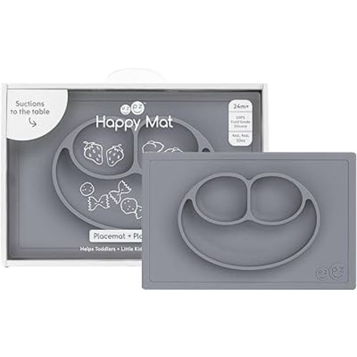 ezpz Happy Mat (Gray) - 24 Months+ - 100% Silicone Suction Placemat + Divided Plate with Three Compartments - Toddler + Preschool Essentials