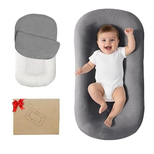 Lucakuins Baby Lounger, Bionic Design Baby Lounger for Newborn 0-24 Months, Soft Organic Cotton Breathable Lounger for Infants (Dark Grey)