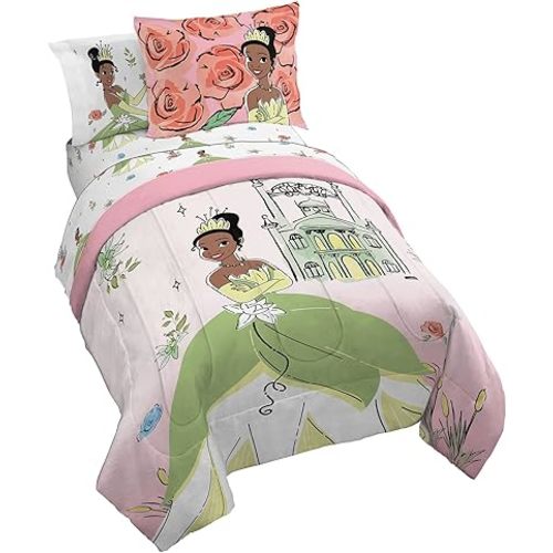 Jay Franco The Princess and The Frog Beauty & Grace 5 Piece Twin Size Bed Set - Includes Comforter & Sheet Set Featuring Tiana - Super Soft Bedding Fade Resistant Microfiber (Official Product)