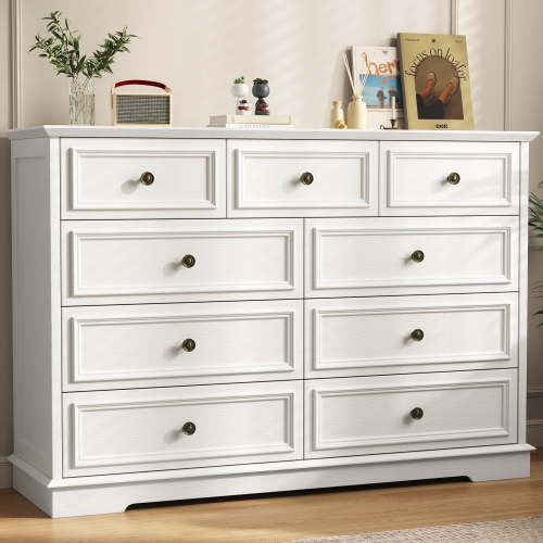 IDEALSOUL White Dresser, 9 Drawer Dresser with Round Metal Handle, 47.2" Retro Wood Storage Cabinet with 6 large drawer and 2 Small drawer for Living Room, Bedroom, Hallway