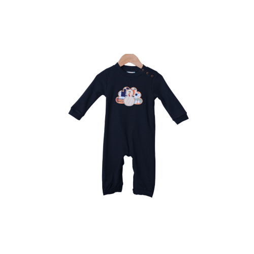 Applique Turkey Madras Plaid Navy Romper