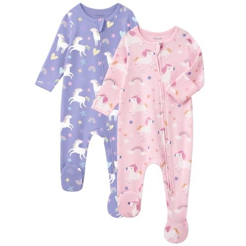 Baby Girl Sleepers 100% Cotton Footie Pajamas Newborn 0-3 3-6 6-9 Months with 2-Way Zipper, 2pcs PJs Baby Girl Clothes