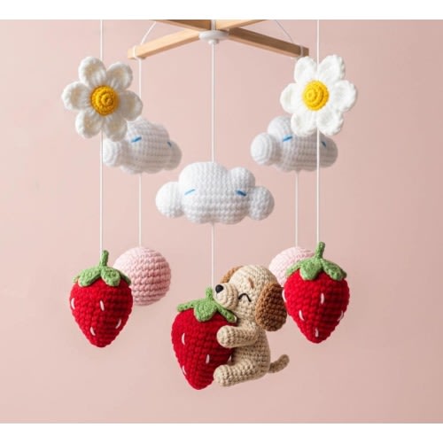 Custom Dog Mobile, Crochet Strawberry Baby Mobile, Custom Puppy Nursery Decor, Nursery Mobile, Baby Shower Gift, Newborn Gift, Dog Lover