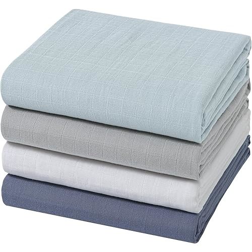 Muslin Swaddle Blankets for Boys & Girls, Newborn Receiving Blankets, 4 Pack Soft Breathable Baby Swaddles, Large 47x47 Inches, Grey Blue White Green