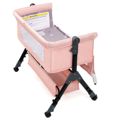 Baby Bassinet Sleeper, Adjustable Bedside Sleeper, Breathable Mesh with Wheels for 0-18 Months-Pink