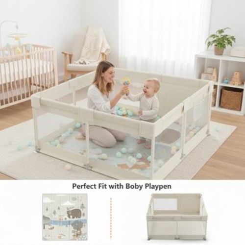Large Baby Playpen – 47×47in Toddler Play Yard, Indoor Activity Fence for Apartments, Safe & Spacious Play Area (Yellow playpen with mat, )