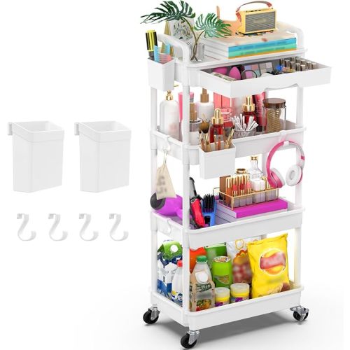 4 Tier Rolling Utility Cart Organizer with Removable Drawer, White