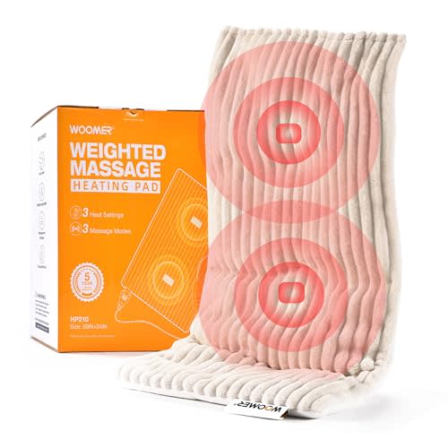 WOOMER Weighted Massage Electric Heating Pad for Back Pain, Neck and Shoulders Cramps Relief, 12’’x24’’, 3.7lb BPA-Free and Non-Toxic Beads, 4 Heat Settings, 4 Massage Modes, 2h Auto-Off