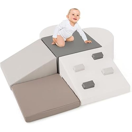 OLAKIDS Climbing Toys for Toddlers, 6 Pieces Baby Foam Blocks Soft Play Set with PU Leather, Indoor Kids Climb and Crawl Sliding Activity Structure Gym Playground Climber (Gray)