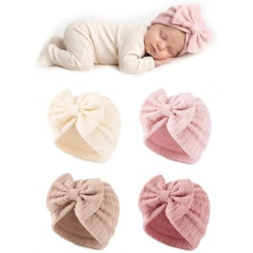 4 Pack Newborn Baby Girl Bow Hats 0-3 Months Preemie Nursery Caps
