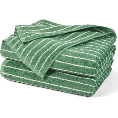 Jacquotha Bath Towels 2 Pack, Lighter & Quick Dry Towels Large 27.5 x 55 inches, Luxury Terry Cotton Towels for Bathroom Beach Swim, Forest Green & White Striped