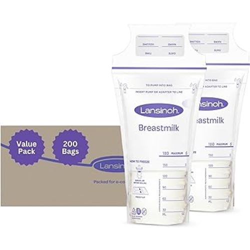 Lansinoh Milk Storage Bags, 200 Count Value Pack, Easy to Use Breast Milk Storage Bags for Feeding, Presterilized, Hygienically Doubled-Sealed for Refrigeration and Freezing, 6 Ounce