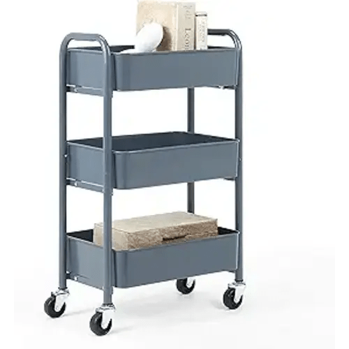 SunnyPoint 3-Tier Delicate Compact Rolling Metal Storage Organizer - Mobile Utility Cart Kitchen/Under Desk Cart with Caster Wheels - Blue (15.35" X 10.24" X 26.8"H)