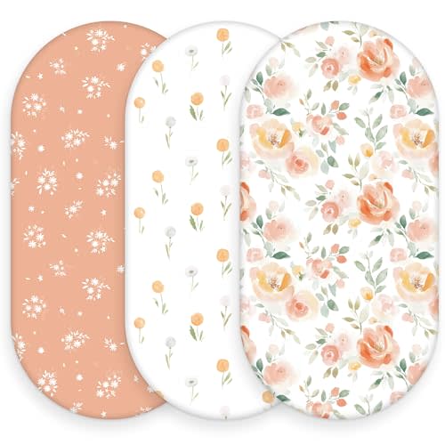 Baby Bassinet Sheets, 3 Pack Fitted Bassinet Mattress Sheets, Compatible with Halo Bassinest Swivel Sleeper & Oval Hourglass Rectangle Mattress, Ultra Soft Orange Watercolor Flower