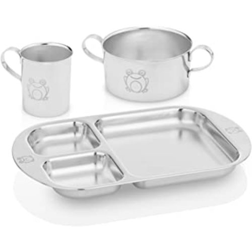 Children's Premium Stainless Steel Dinnerware Set | 1 Bowl with Handles, 1 Cup with Handle & 1 Divided Plate | Adorable Frog Design | Perfect for Babies, Toddlers & Kids | by Kiddobloom