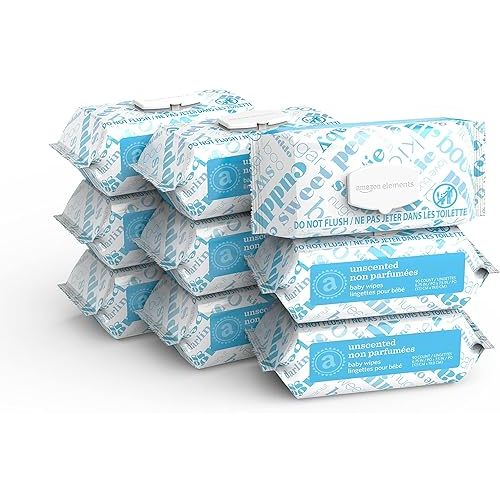 Amazon Elements Baby Wipes, Unscented, Hypoallergenic, 810 Count, Flip-Top Packs, Pack of 9