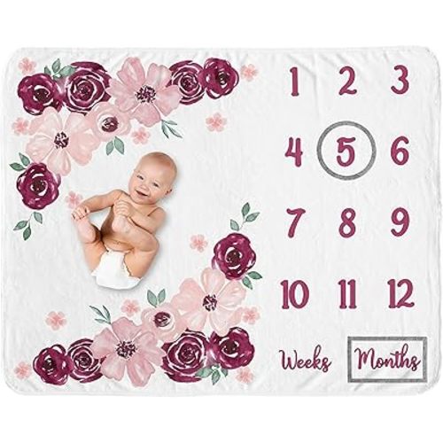 Sweet Jojo Designs Burgundy Pink Watercolor Floral Girl Milestone Blanket Monthly Newborn First Year Growth Mat Baby Shower Memory Keepsake - Blush Maroon Wine Rose Green Shabby Chic Flower Farmhouse