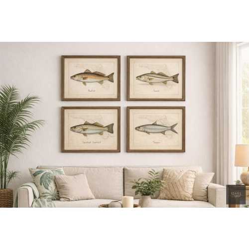 Florida Inshore Fish Collection Print Set | Coastal Fishing Wall Art | Redfish Snook Tarpon Seatrout | Vintage Florida Home Decor