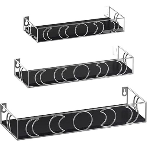 Moon Phase Wall Shelves Black Silver, 3 Pack Small Floating Book Plant Shelves for Bedroom Kid Room, Decorative Storage Display Shelf for Crystal Figurine Collectibles