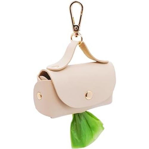 Leather Poop Bag Holder Dispenser for Leash, Portable and Reusable Dog Poop Bag Dispenser, Dog Bag Holder for Walking, Outdoor, Travelling (Beige)