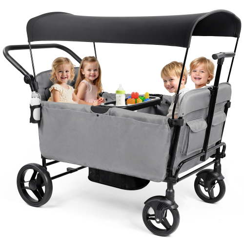 Vomeast Wagon Stroller for Kids, Spacious 4-Seater Stroller Wagon with Adjustable Canopy, Pull & Push Handle, 5-Point Harness, Foldable for Toddlers, Gray