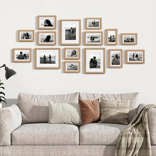 Venusmiles 15 Pack Picture Frames Collage Wall Decor, Gallery Frame Set for Wall Mounting or Tabletop Display, Multi Sizes Including 3pcs 8x10, 6pcs 5x7, 6pcs 4x6, Oak