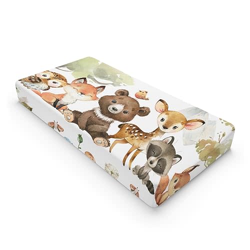 HawSkgFub Animal Friends Changing Pad Cover for Baby Girl Boy, Natural Forest Deer Bear Fox Owl Diaper Change Table Covers, Soft Stretchy Safe Snug Fitted Changing Mat Sheet Fit 32"/34" x 16"