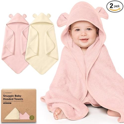 KeaBabies 2-Pack Hooded Baby Towels for Newborn - 35x35 Soft & Absorbent Viscose From Bamboo Baby Bath Towels with Hood for Infant,Toddler,Kids,Boys Girls,Newborn Bath Essentials (Rose Ivory, Regular)