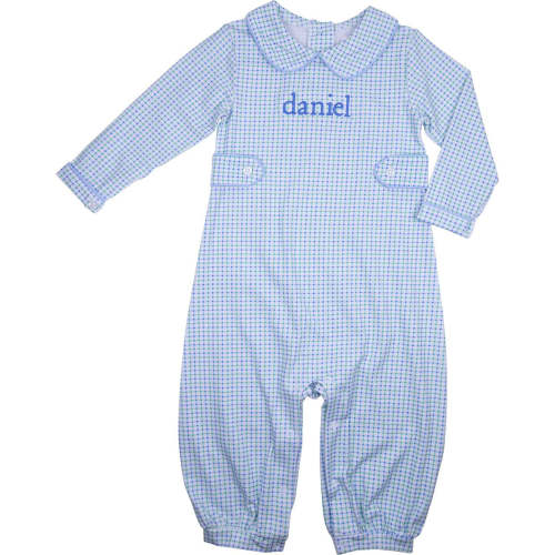 6mo Blue And Green Windowpane Knit Long Romper