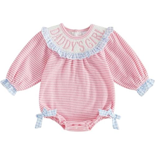 Newborn Baby Girl Fall Outfit Plaid Stripe Romper Letter Embroidery Side Bow Long Sleeve Jumpsuit Infant Clothes