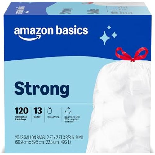 Amazon Basics Trash Bags, Tall Kitchen Drawstring, Unscented, 13 Gallon, 120 Count, Pack of 1, Packaging May Vary