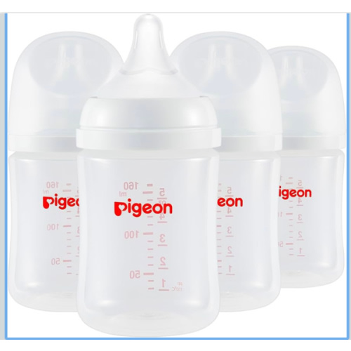 Pigeon PP Nursing Bottle Wide Neck, Anti-Colic, Streamlined Body, Natural Feel, Easy to Clean, 5.4 Oz (Pack of 4), Includes 4pcs SS Nipples (0m+)