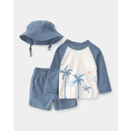 Baby Boy 3-Piece Palm Tree Long-Sleeve Rashguard Swimsuit Set - Blue/White | Carter's