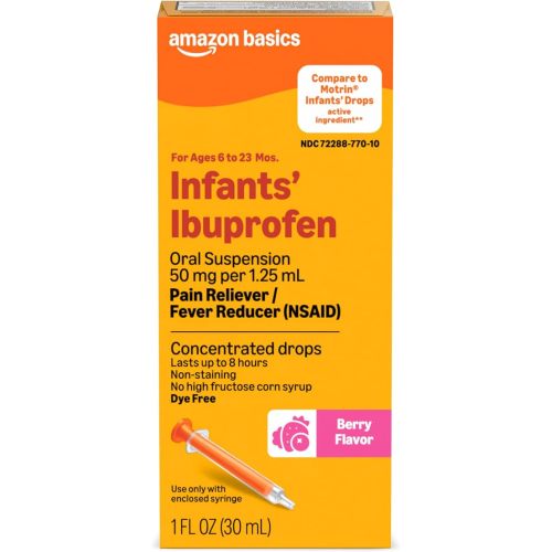 Amazon Basics Infants’ Ibuprofen Oral Suspension, 50 mg/1.25 mL, Berry Flavor Concentrated Drops, Dye-Free, 1 fl oz (Pack of 1) (Previously Care)
