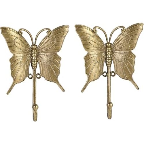 SOFFEE DESIGN 2PCS Gold Butterfly Metal Hooks, Garden Theme Key Holders, Enchanted Fairy Cottage Garden Entryway Decor