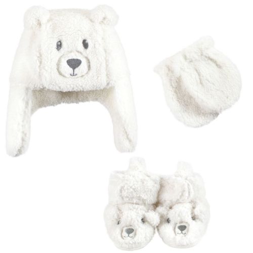 Hudson Baby Trapper Hat, Mitten and Bootie Set, Cream Bear, 0-6 Months
