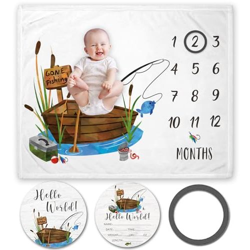 Yuzioey Gone Fishing Baby Milestone Blanket with Birth Stat Sign (50"x40") | Gone Fishing Growth Chart Monthly Blanket, Watch Me Grow Boat Baby Nursery for New Moms Shower