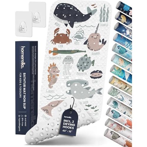 Bath Tub Mat Non Slip Anti Mold for Kids BPA Free INCL Hooks - homerella® Ocean Sea Animals 40x16, Baby Bath Mat Non Slip 200 Suction Cups, Non Toxic Machine Washable Toddler Bath Mat, EU Certified