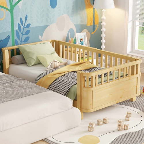 Mirightone Twin Bed with Rail, Solid Pine Wood Twin Bed Frame, Daybed with 3-Sided Guardrail & Detachable Side Rail(Natural)