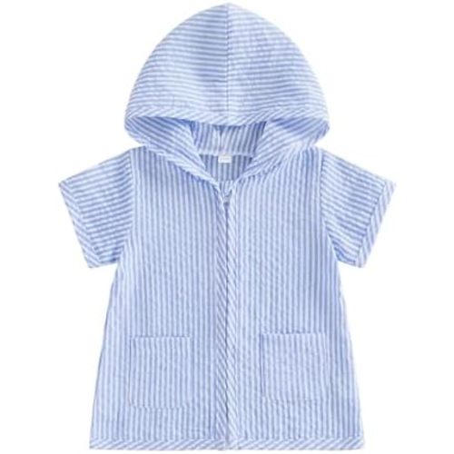 Multitrust Toddler Girls Boys Swim Cover Up Striped Zip Up Hooded Bathing Suit Cover Ups Kids Beach Robe Cover-Up Kimono