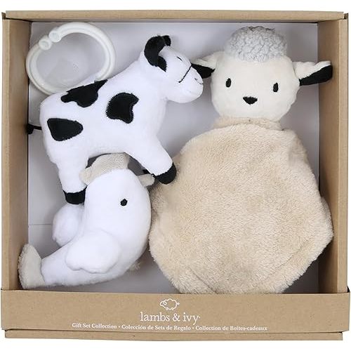 Lambs & Ivy Farm 3-Piece Infant/Baby Plush Toy Gift Set - Sheep, Cow, Chicken