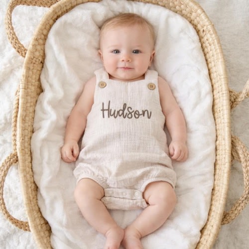 Personalized Embroidered Organic Baby Boy Bubble Romper: Coming Home Baby Outfit