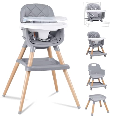 Babyliebe Baby High Chair, 8 in 1 Convertible Wooden High Chair for Babies and Toddlers, Converts to Booster Seat, Toddler Chair & Stool, with Removable Double Tray, Adjustable Legs & Footrest, Gray