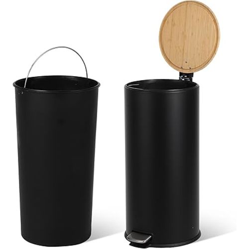 GAOMON 8 Gallon/30L Step Trash Can with Soft-Close Bamboo Lid, Stainless Steel Round Garbage Bin with Removable Inner Bucket for Kitchen, Bathroom, Living Room, Black